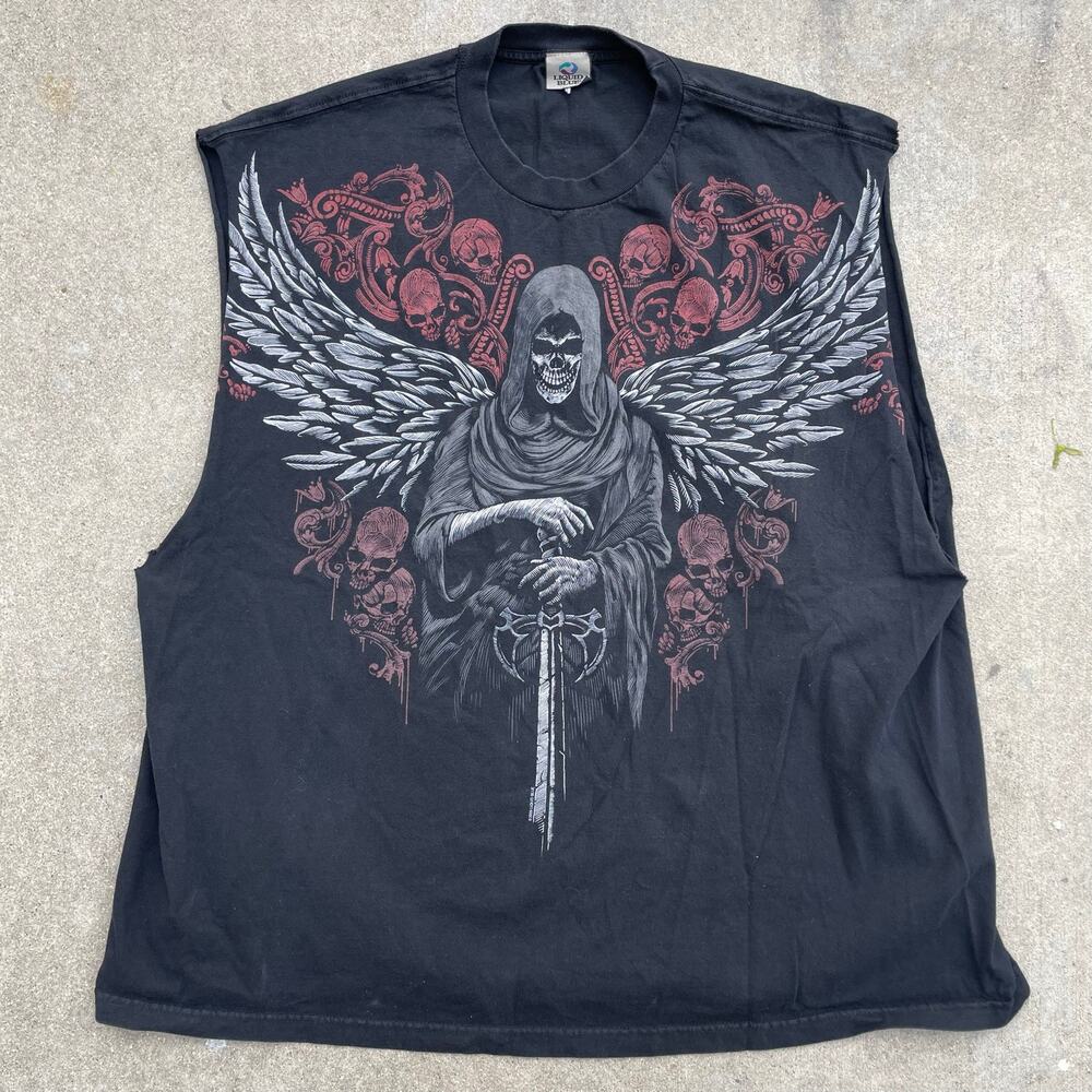 Vintage Y2K Liquid Blue Grim Reaper Skull Sleeveless Tee Black Mens XXL 4XL